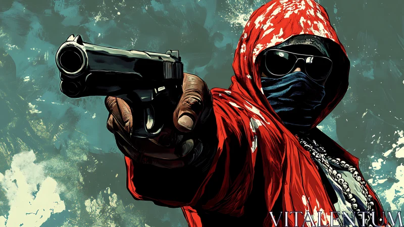 Masked figure in red hoodie pointing handgun forward.