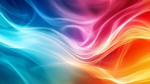 Colorful flowing light waves in abstract digital background.