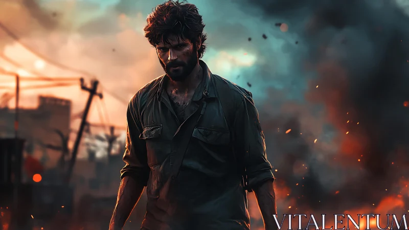 Battle-worn hero strides through blazing war-torn ruins.