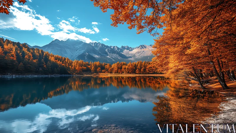 Mountain lake mirrors vivid autumn forest and bright sky.