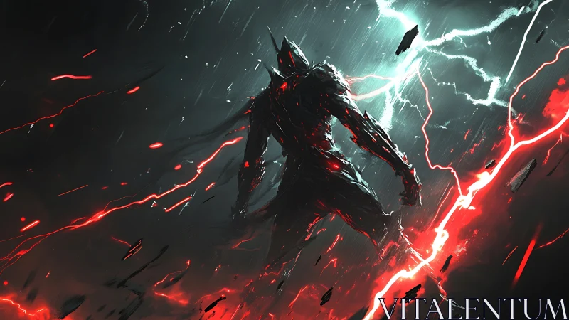 Armored humanoid stands in storm of red and blue lightning
