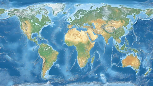 Global physical world map with shaded relief and ocean bathymetry