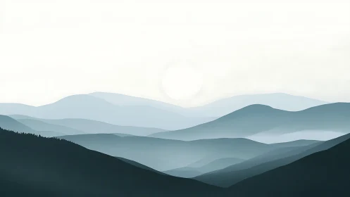 Layered misty mountain ranges dissolve into soft atmospheric light
