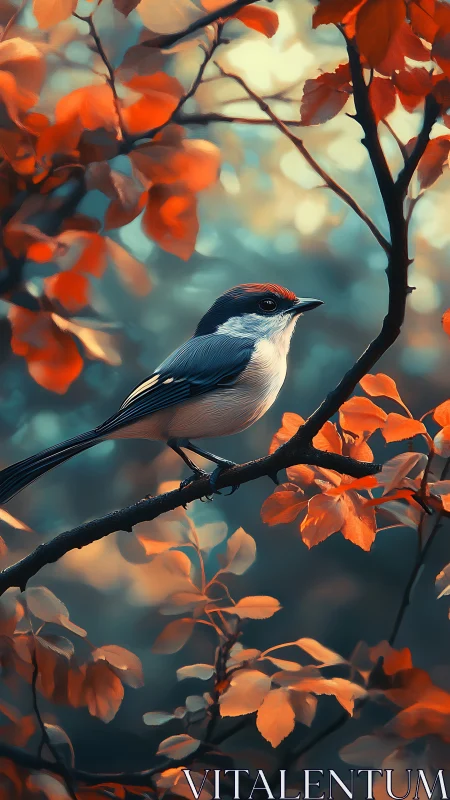 Songbird on branch rendered with shallow depth and bokeh field