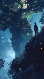 Solitary figure observing towering luminous forest tree.