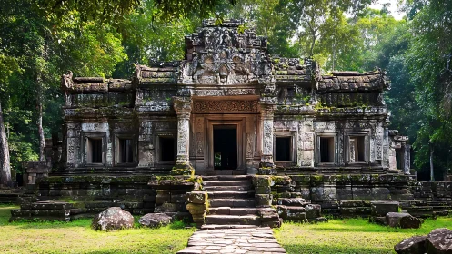 Ancient stone temple facade amid dense jungle canopy.