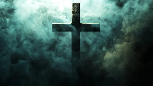 Backlit metallic cross emerging through dense cyan mist