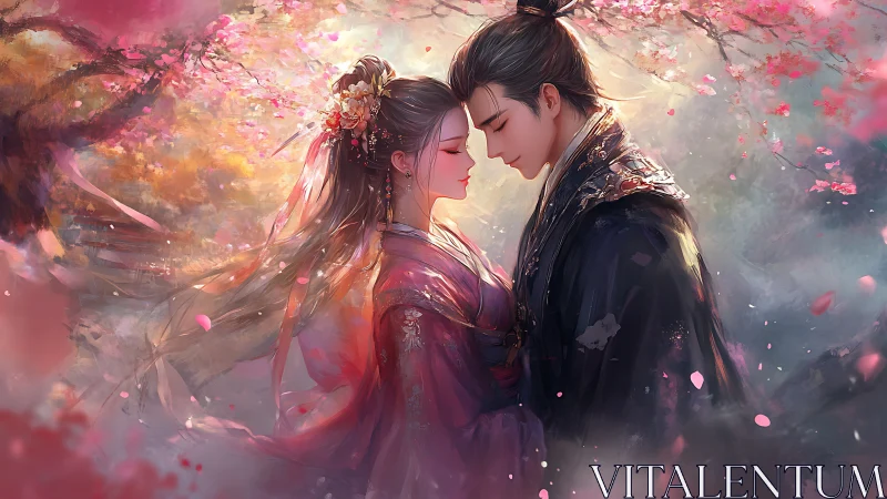 Two figures in traditional garments among flowering trees.