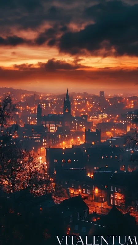 Evening city skyline glows gently beneath a dramatic sunset