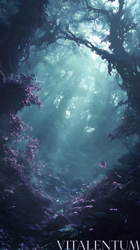 Lush misty forest with teal light and violet foliage.
