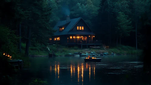 Lakeside cabin glows over dark water and forest night