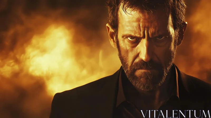 Bearded male portrait before intense orange flame field.