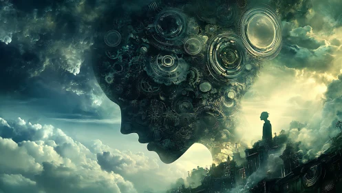 Colossal mechanical head silhouette with gears over cloud city