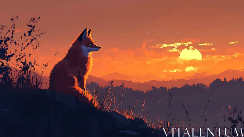 Fox observing sunset over distant hills in silence.