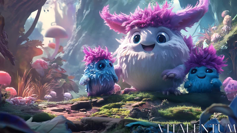 Furry fantasy creatures in bioluminescent forest scene.