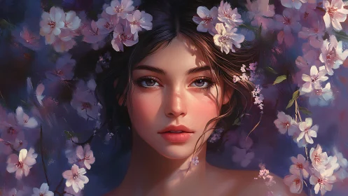 Dreamlike digital portrait merges feminine beauty with blossom aura