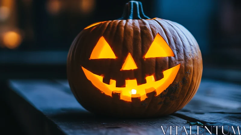 Illuminated carved pumpkin with simple geometric face pattern.