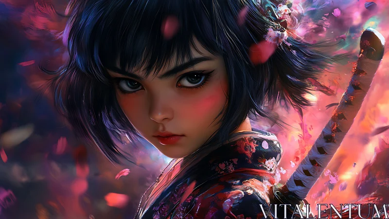 Fiery petal storm surrounding resolute anime sword maiden.