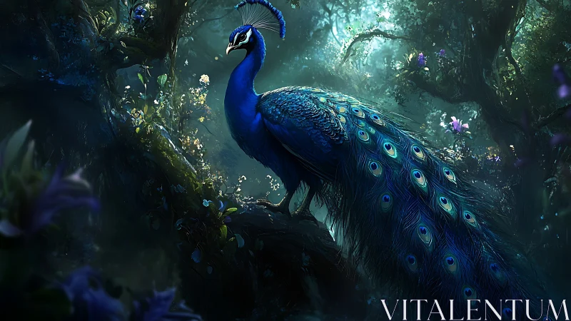 Majestic blue peacock stands on mossy branch in twilight forest
