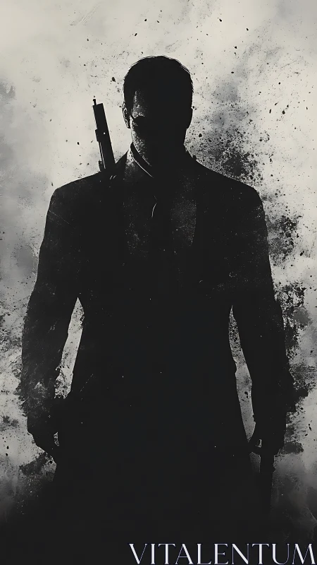 Shadow-slick hitman emerges from splintered monochrome chaos.