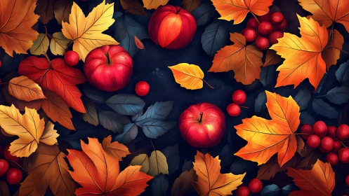 Autumn apples and foliage form a high-contrast digital still life