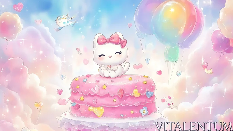 Whimsical Cat on Pastel Dream Cake with Rainbow Balloons