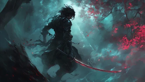 Lone samurai with bloodred katana in misty ghost forest.