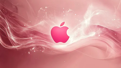 Vibrant Pink Apple Logo Surrounded by Flowing Digital Waves.