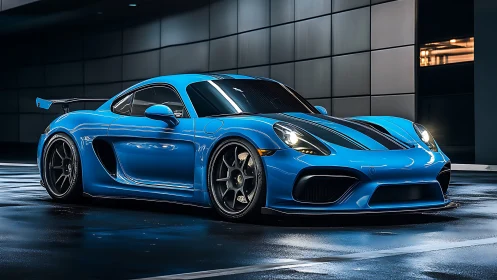 Electric blue track predator prowls under neon garage glow.