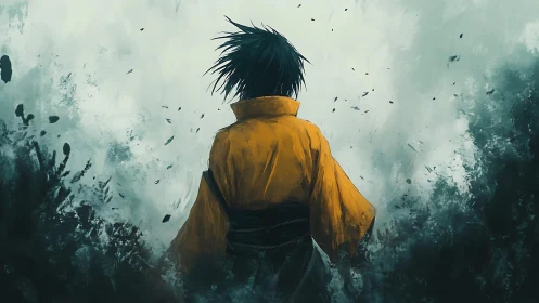 Lone warrior in yellow robe walks into swirling mist.