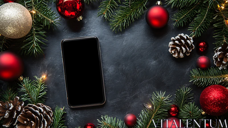 Smartphone lies amid Christmas ornaments on dark stone background