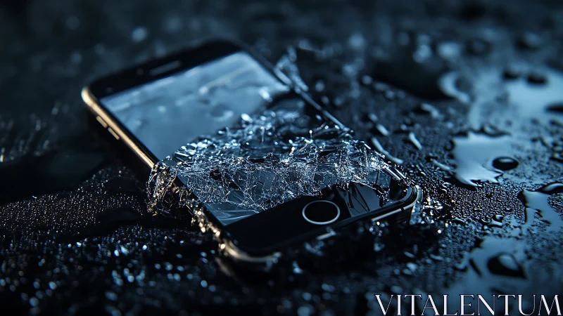 Shattered smartphone on wet surface under moody blue light.