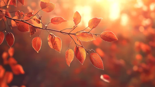 Autumn branch close-up under warm golden backlight glow.
