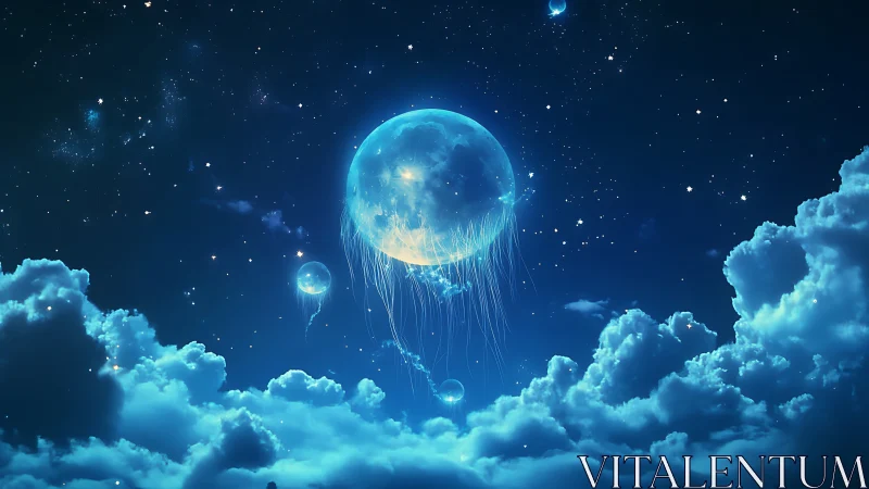 Floating luminous jellyfish-like spheres in nocturnal sky.