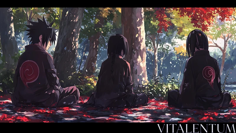 Three cloaked figures sit in a forest with red autumn leaves