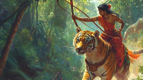 Jungle warrior rides a regal tiger through glowing forest light