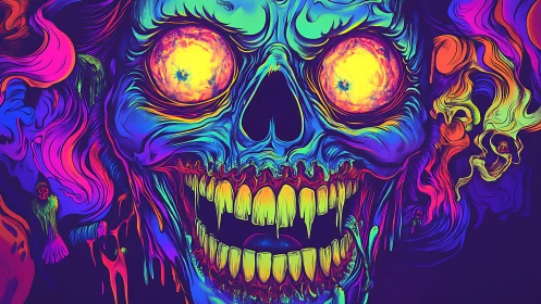 Psychedelic neon skull blazes with chaotic cosmic energy