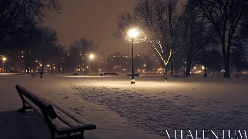 Nocturnal winter park under sodium-vapor illumination grid.