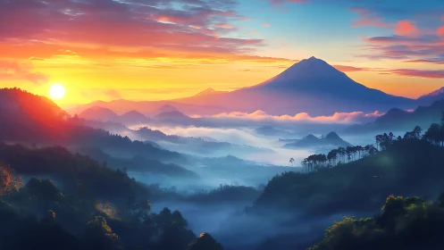 Sunrise drapes molten color across misty mountain kingdoms