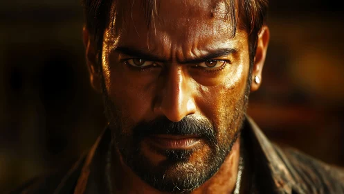 Intense close-up of stern man in dramatic warm light.