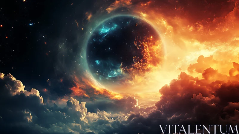 Cosmic eclipse ignites swirling nebula and storm clouds.