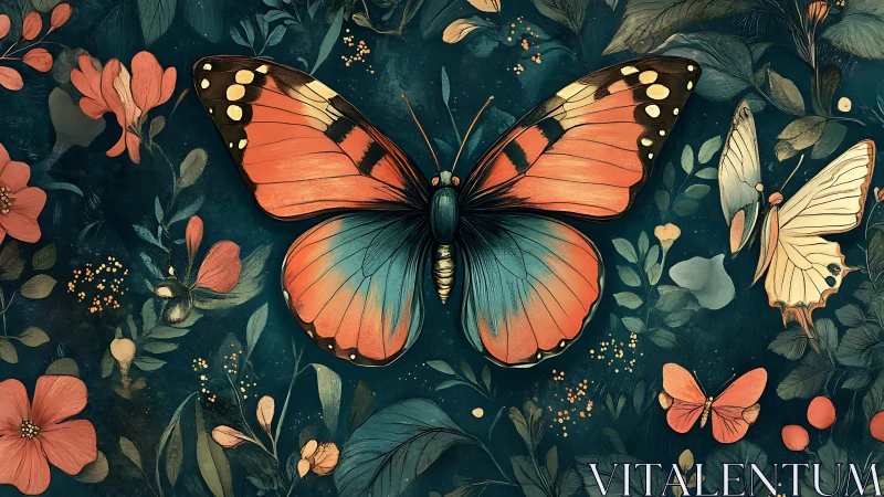 Large orange butterfly centered over stylized floral foliage