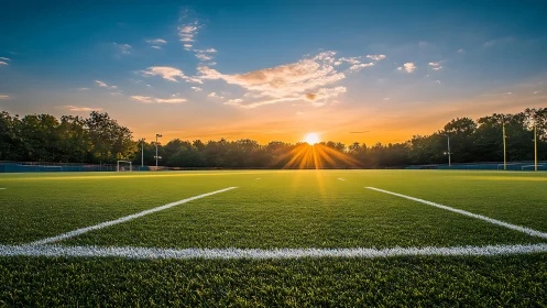 Synthetic turf gridiron at golden hour under clear sky.