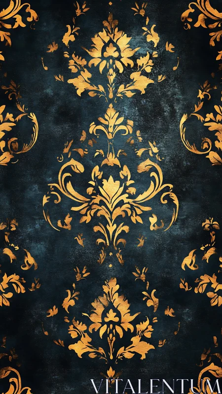 Ornate gold damask pattern on distressed dark teal background