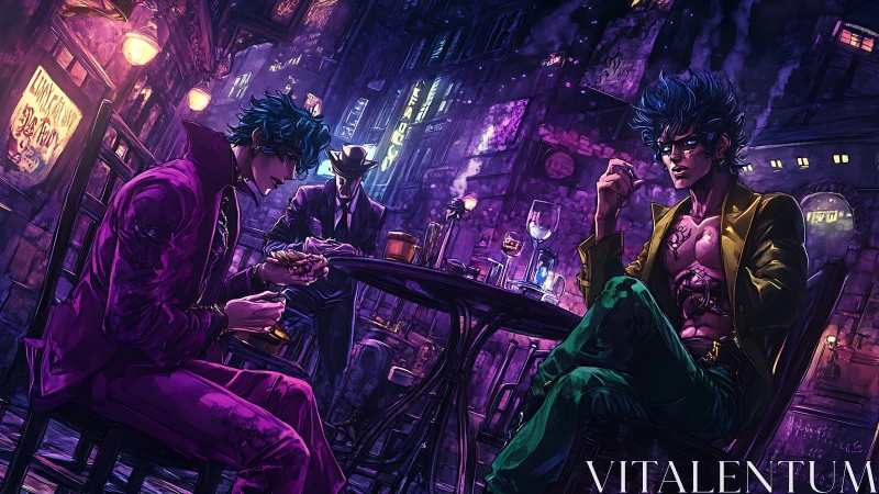 Noir cyberpunk gamblers in neon-soaked back alley bar.