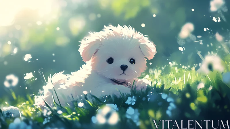 Sunlit puppy enjoys a gentle rest in a dreamy meadow