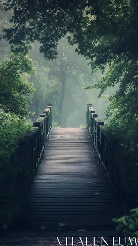 Whispering woodland bridge dissolving into soft morning mist.