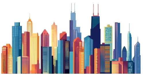 Vector illustration of multicolored modern city skyline.