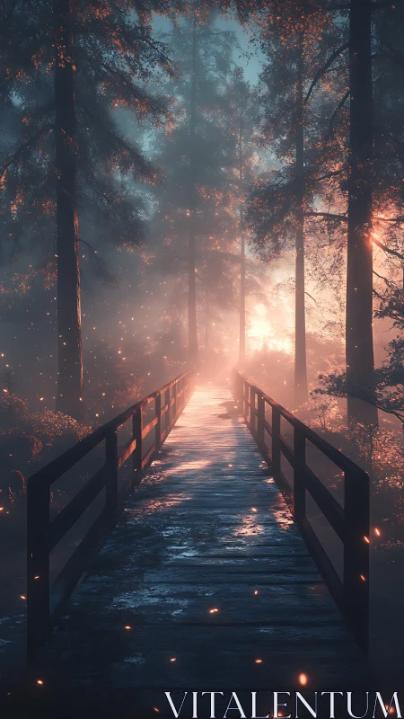 Wooden forest bridge in volumetric dusk light and embers