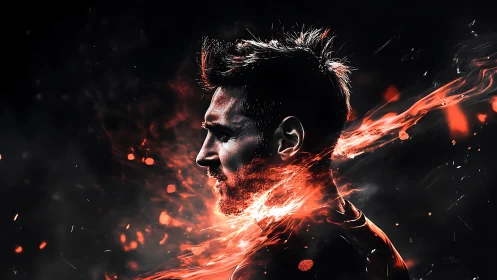 Fire-forged profile erupts from shadow in molten motion